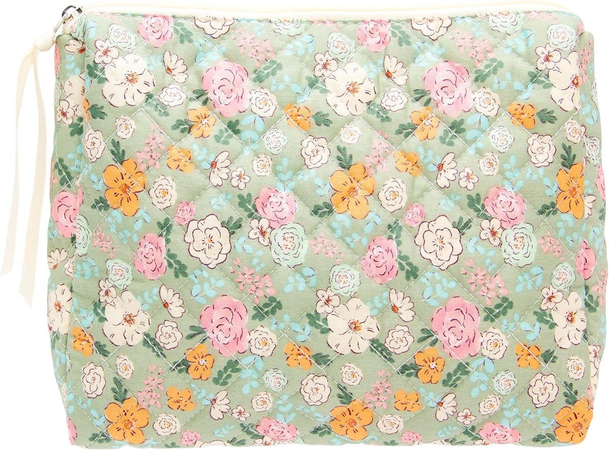 Quilted Makeup Pouch for Women, Travel Cosmetic&Toiletry Bag,Green Flower