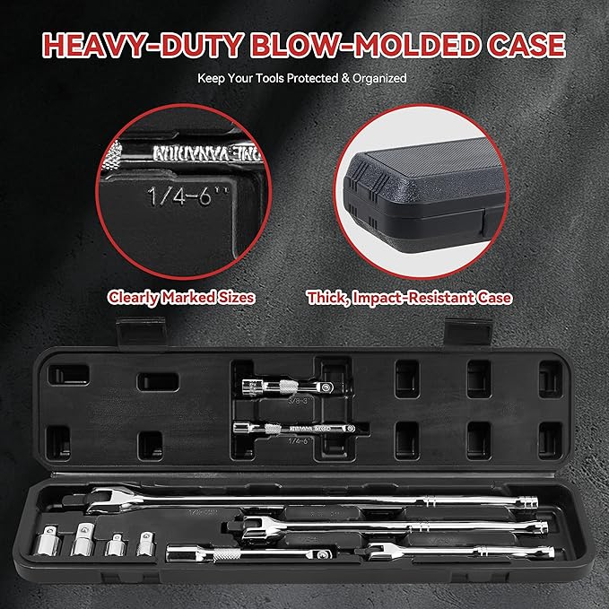 10 Piece Breaker Bar Set, 3/8" , 1/2" and 1/4" Drive, 180° Rotatable Head, 6'', 10'', 15'' Length, 3 Extension Bars, Organizer Case