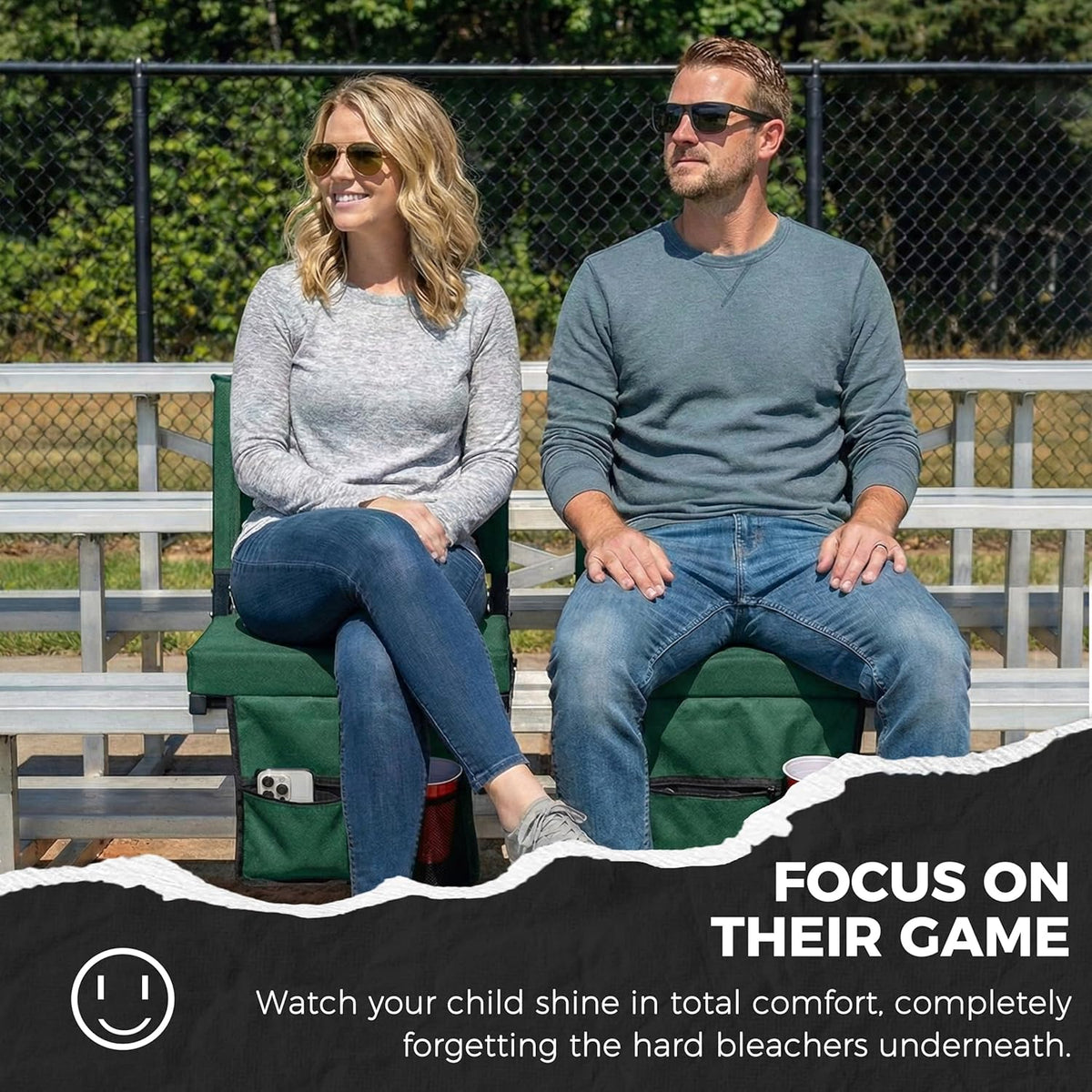 Sport Beats Stadium Seats - Comfortable Bleacher Chairs with Back Support & Cushion | Hunter Green, 2-Pack - 17" W x 12" D x 16.5" H