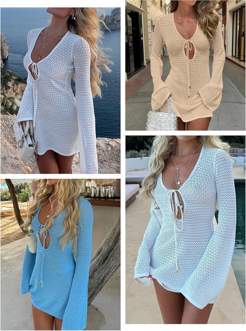 ANRABESS Swimsuit Cover Up - Crochet V Neck Mesh Knit Dress for Women | Summer Beach Vacation Wear