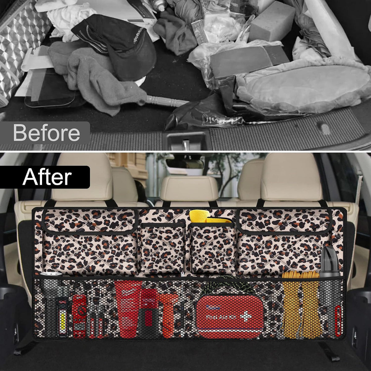 Femuar Car Trunk Organizer,Large Capacity Backseat Trunk Organizer(42"*18"),Collapsible Car Storage Bag with 8 Pocekt,Car Organizer for SUV/MPV/Truck - Leopard print