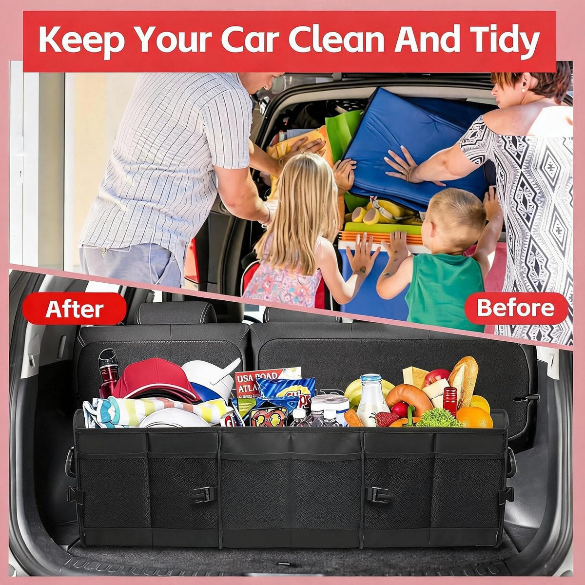 Car Trunk Organizer,Heavy Duty Collapsible 95 L Capacity Car Trunk Storage Organizer,Multi-Compartment Pockets, Adjustable Straps - Ideal for Travel, Camping, Shopping,Perfect for SUV, Truck, Sedan
