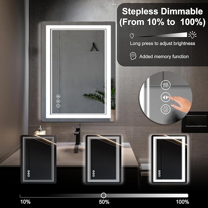 20"x 28" LED Bathroom Mirror with Front and Backlight, Bathroom Vanity Mirror with 3 Color Adjustable, Stepless Dimmable Light, Anti-Fog, Memory Function, Vanity Mirror for Wall(Horizontal/Vertical).
