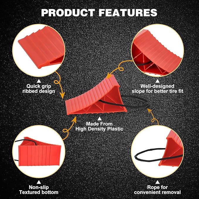 PAHTTO Wheel Chocks, 4Pack Heavy Duty Wheel Chocks with Rope for Easy Removal, Durable, Non-Slip, Hard Plastic Wheel Chocks for, RV, Camper, Effective in Keeping Your Vehicle in Place, Red