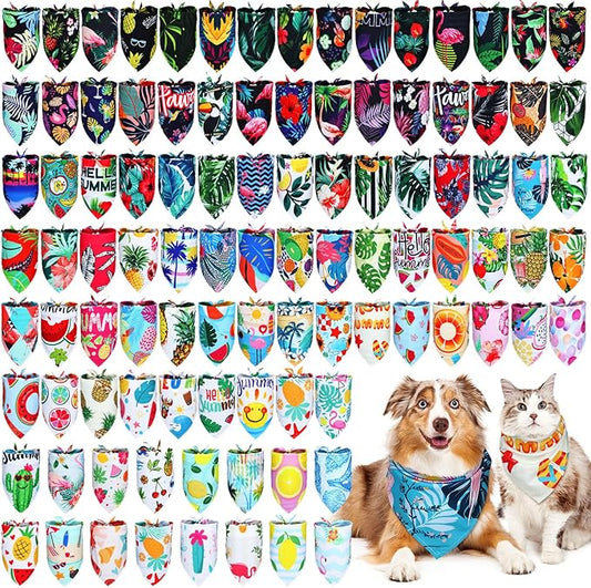 150 Pcs Hawaiian Dog Bandanas Bulk Pet Bibs Colorful Triangle Scarf Pet Bandanas for Medium Large Dogs Hawaiian Summer Luau Party Birthday Costume Decor