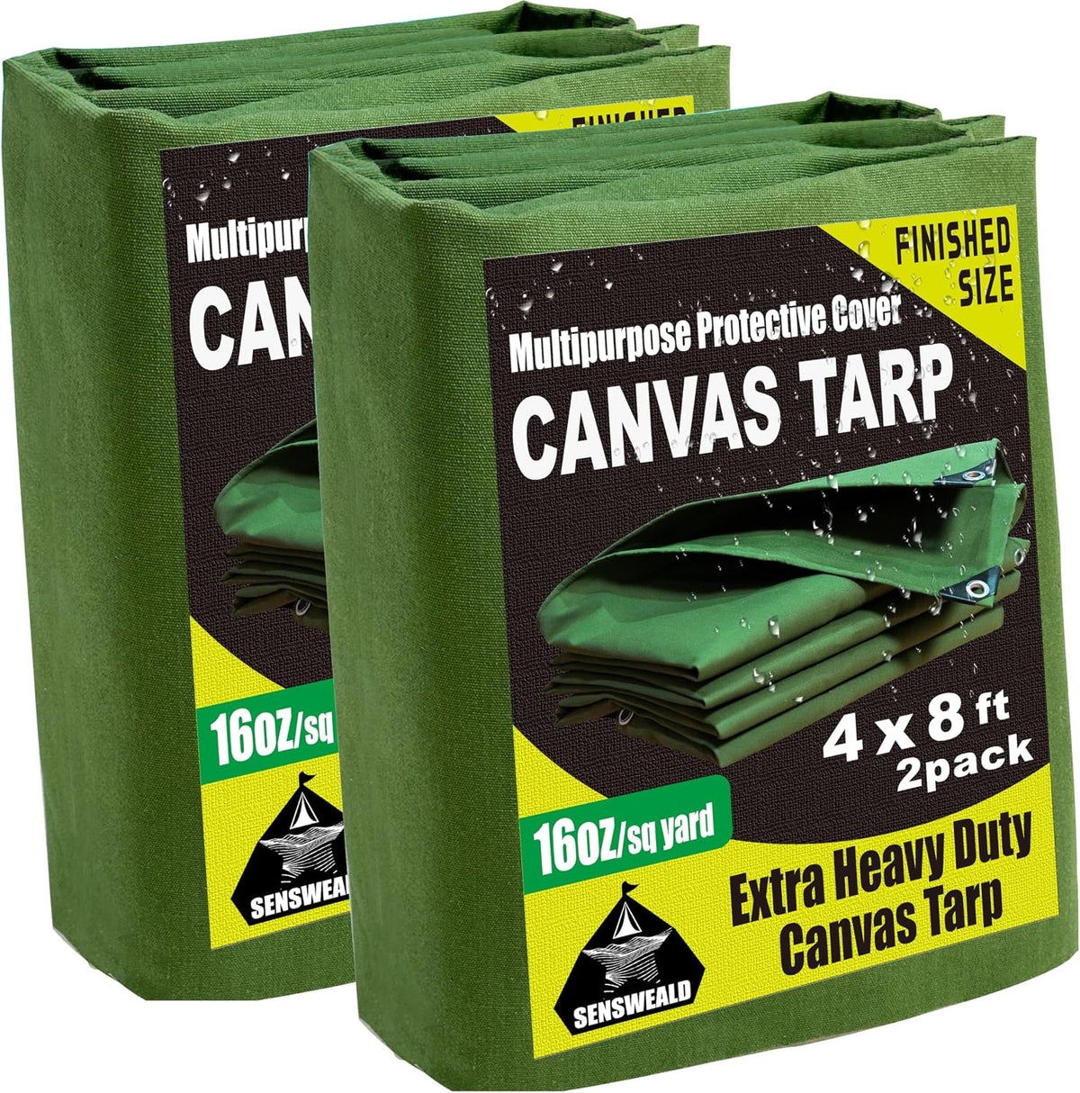 2 Pack Heavy Duty Canvas Tarp 4x8 Feet 16oz Water-Resistant Canvas Cover with Grommets，Tear Resistant, Durable, Multipurpose Protective Green Tarp for Camping, Tent, Car
