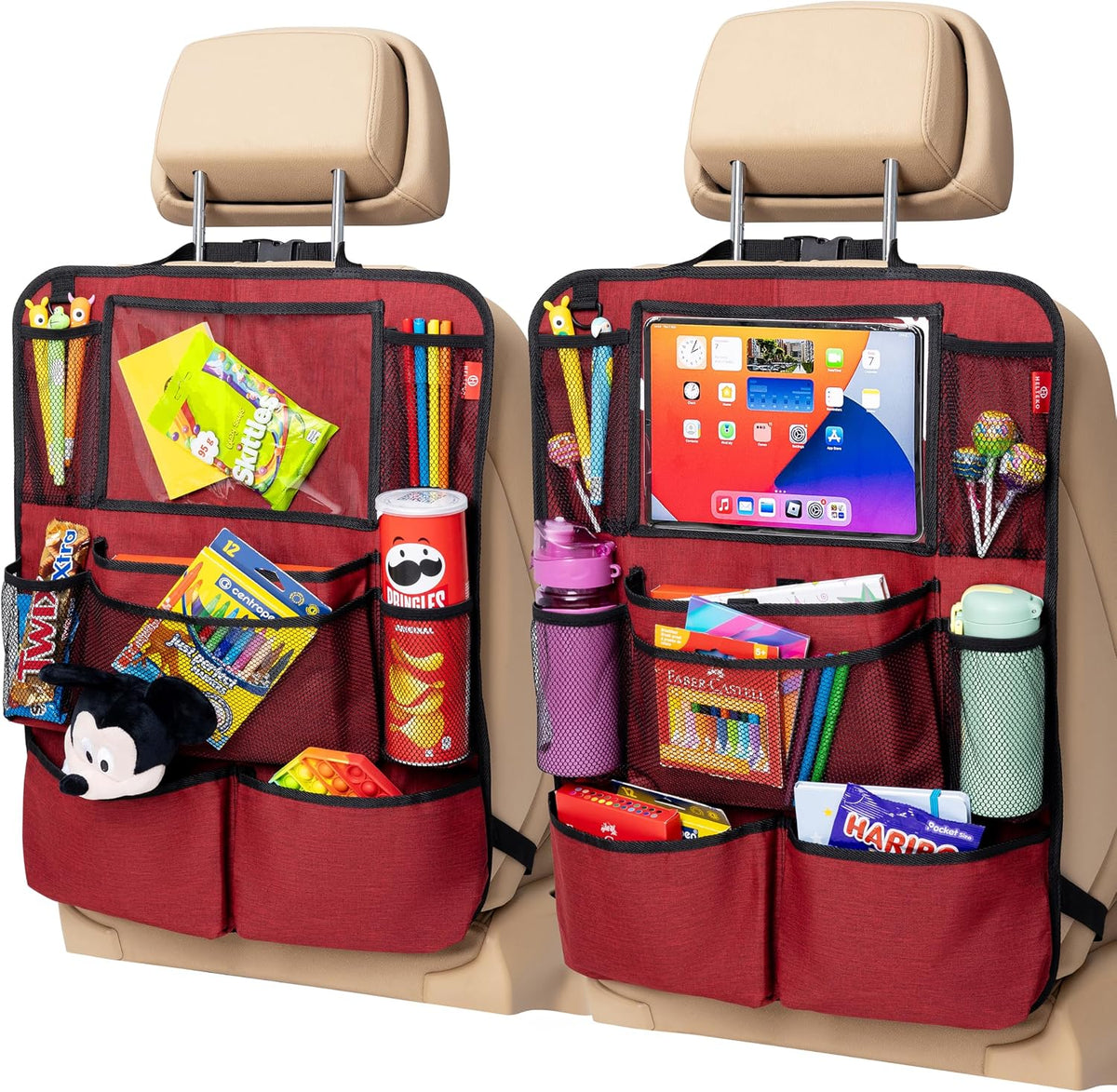 Helteko Backseat Car Organizer, Kick Mats Back Seat Protector with Touch Screen Tablet Holder, Back Seat Organizer for Kids with 9 Storage Pockets, Travel Accessories (2 Pack, Venetian Red)