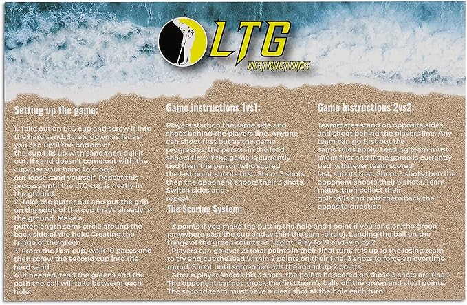 Set - America's Best Outdoor Beach Putting Game - Mini Golf on The Beach - Durable, Convenient, and Weatherproof - 2 Putters, 2 LTG Regulation Cups, Flags, Travel Bag, 6 Golf Balls