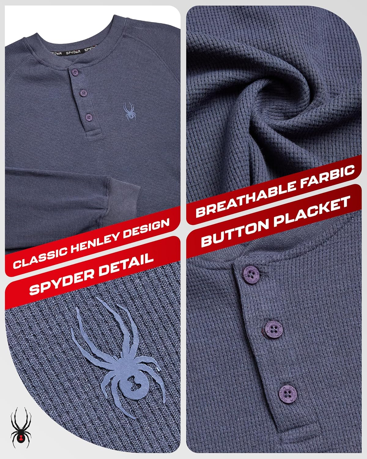 Spyder Men's Henley Shirts - Soft Cotton Blend Quick-Dry Long Sleeve Pullover | Moisture-Wicking Waffle Knit