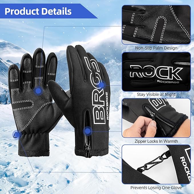 ROCKBROS Winter Cycling Gloves for Men Women Water Resistant Touch Screen Gloves Shock-Absorbing Full Finger Biking Glove Anti-Slip Motorcycle Mountain Bike Gloves, for Fishing, Driving, Golfing