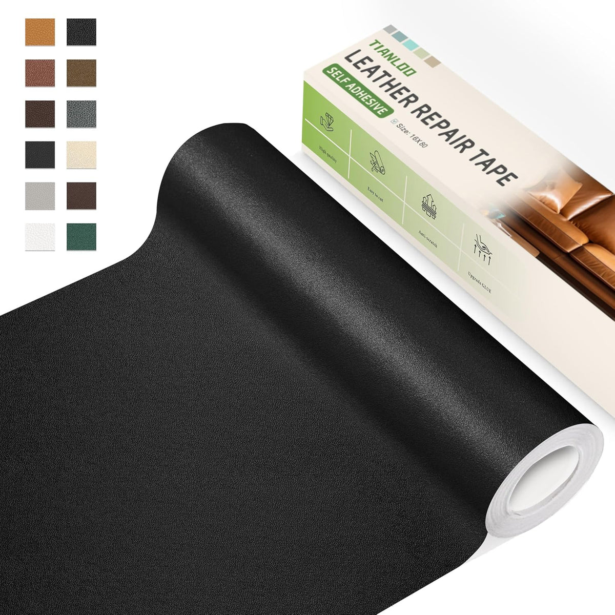 TIANLDD Leather Repair Tape,16 x 237 Inches Self Adhesive Leather Repair Patch，Leather Repair Kit for Furniture，Couches,Car Seats,Cabinets,Handbags(Black-Fine Lines)
