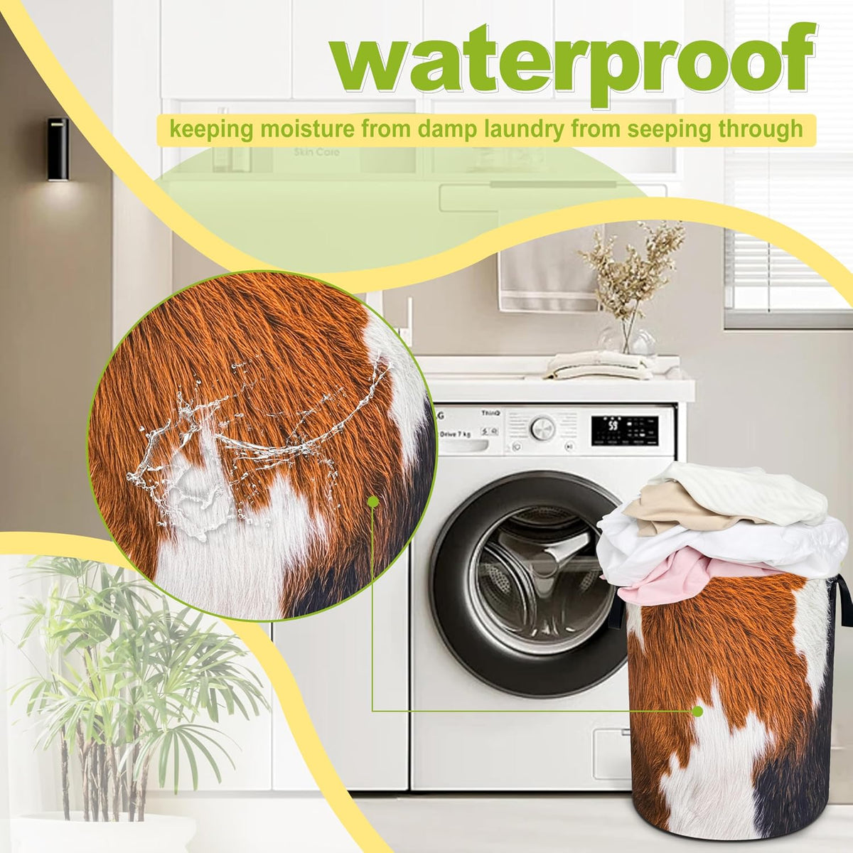 Brown Cow Skin Hair Laundry Basket Foldable Waterproof Hamper 18.9x16.5 In