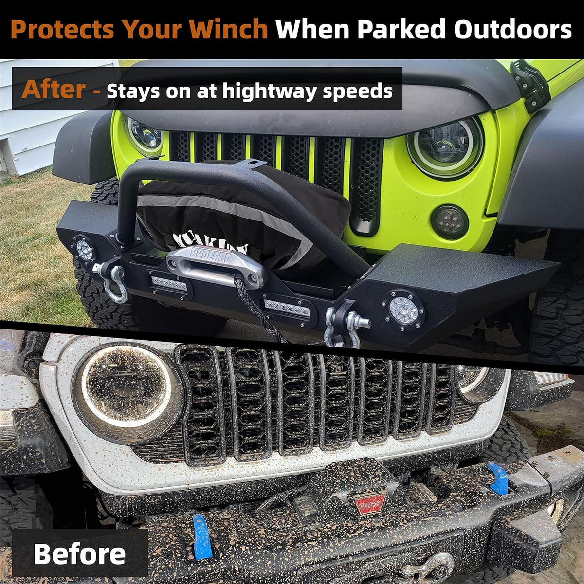 12000 lb Winch Cover, Heavy Duty Waterproof Protective Cover with Adjustable Straps Fasten, Outdoor Windproof Covers for Electric Winches Accessories with Reflective Trim, 25"x10.5"x 8.7"(LxHxW)