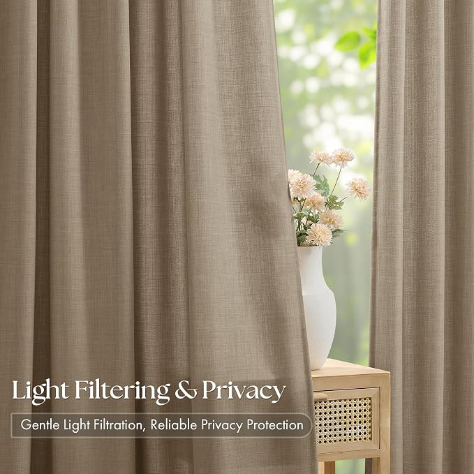 Pleated Light Brown Semi Sheer Sliding Door Curtains 105 Inches Long 4 Panels