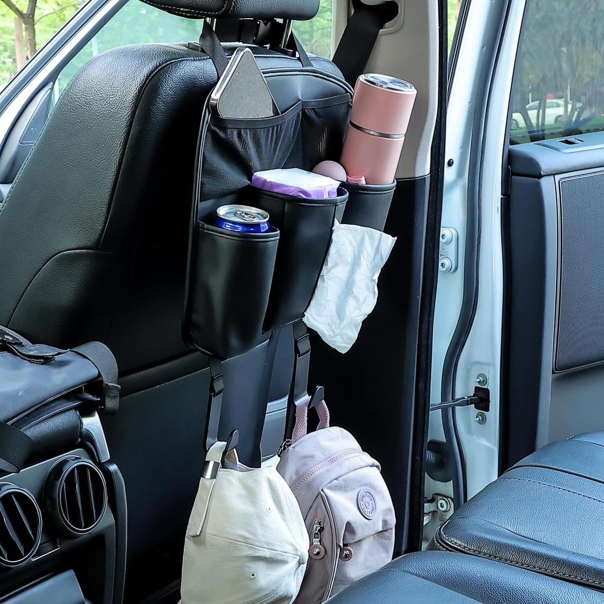 Amooca Car Backseat Organizer PU Leather Storage Bags Travel Accessories Large Pockets for Water Bottle Drink Tissue with Hooks