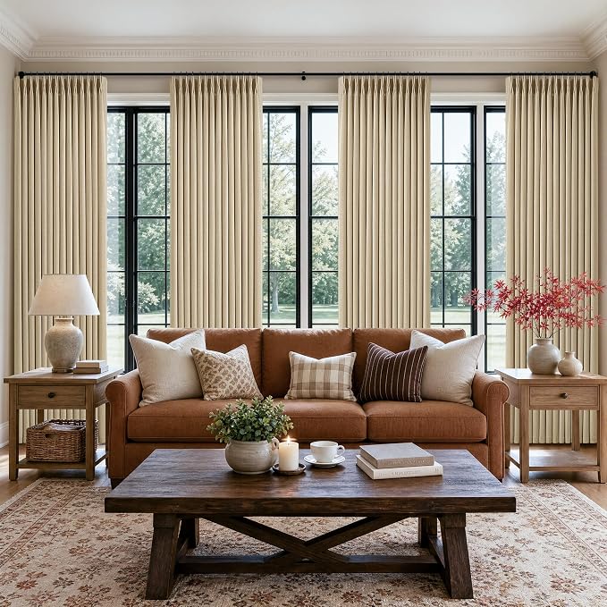 Oatmeal Pinch Pleated Bedroom Curtains 102 Inches Long 4 Panels Set, Memory
