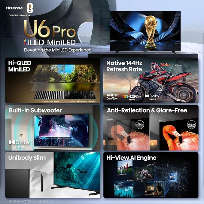 Hisense 55" U6 Pro Series Mini‑LED ULED 4K UHD HDR Gaming AI Smart Fire TV (55U6SF Pro, 2026 New) – Hi-QLED, Native 144Hz, Motion Rate 480, Dolby Vision IQ,· Atmos, HDR10+, Glare-Free, Alexa+