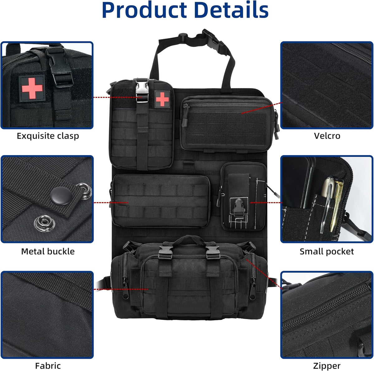 6 Pack Tactical Car Seat Back Organizer,Backseat Organizer with 5 Detachable Molle Pouches,Molle Panel Organizer Fits for Vehicel Such as Jeep,Truck,SUV, Car(Black)
