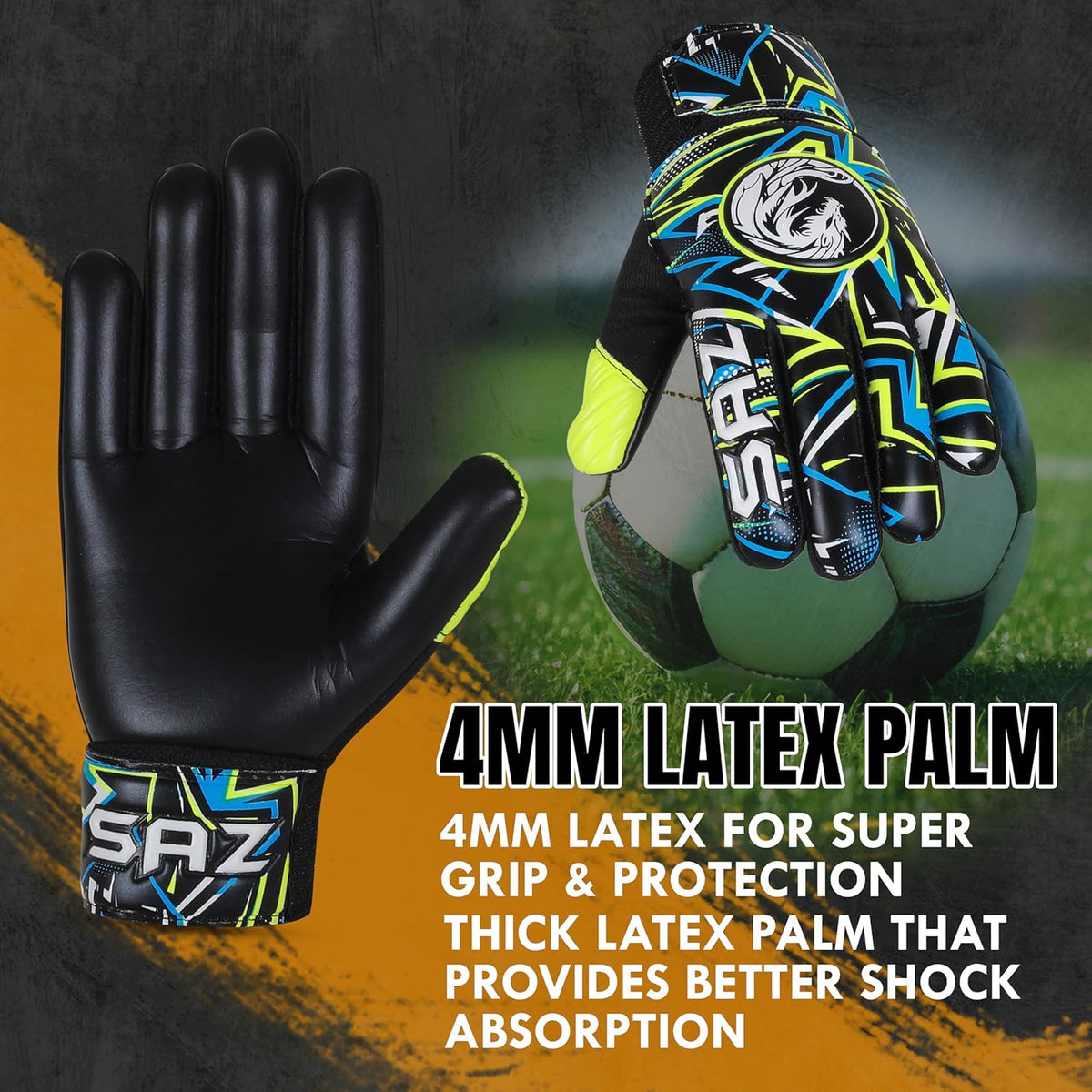 SAZ Soccer Goalie Gloves - Youth Football Goalkeeper Gloves with 4mm Latex Super Grip Palms