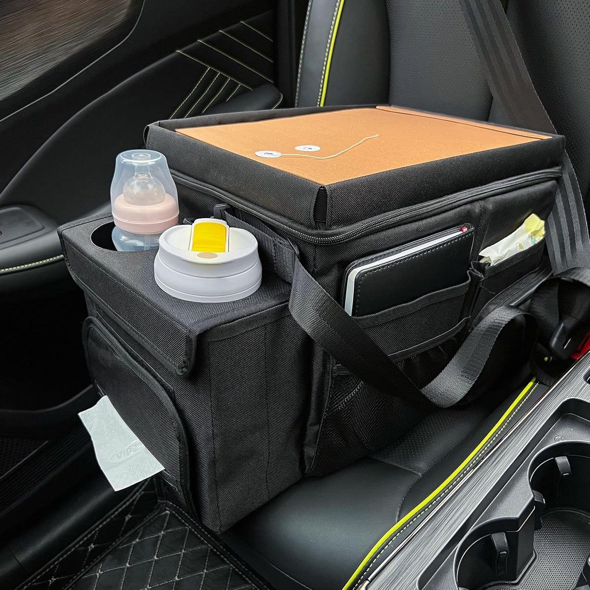 Waterproof Car Organizer with Lid, Car Cooler Bag with Cup Holder and Tissue Box