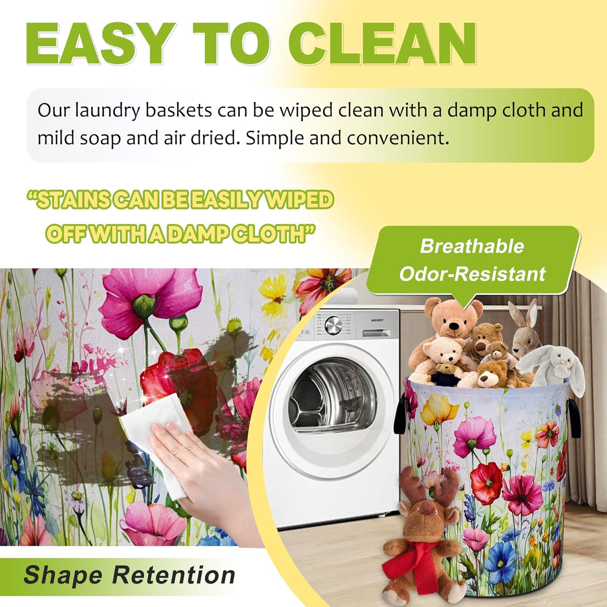 Colorful Flowers Print Laundry Basket Foldable Waterproof 18.9 x 16.5 Inch