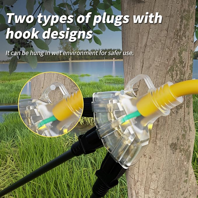 PlugSaf 25 FT 12/3 Gauge Outdoor Extension Cord with Multiple Outlets Light Indicator, Flexible 3 Outlet Weatherproof Heavy Duty Extension Cord Waterproof Yellow, 15A 1875W 12AWG SJTW, ETL Listed