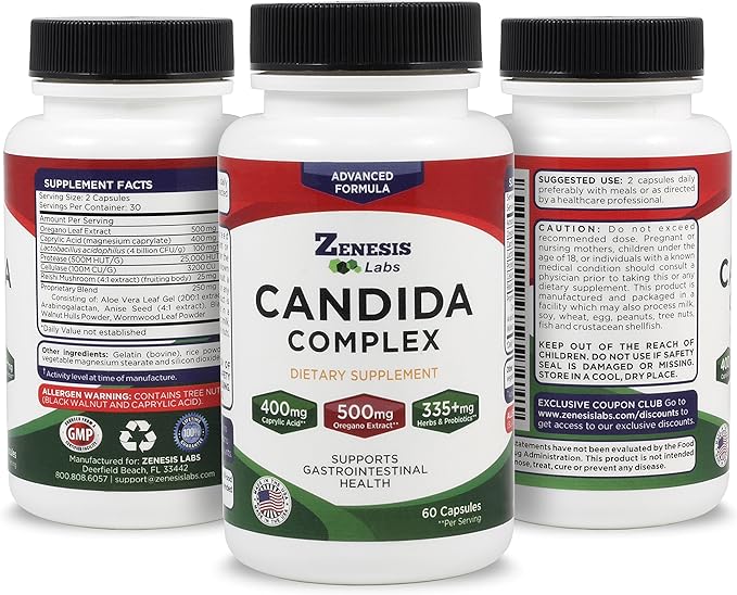 Zenesis Labs Candida Complex Cleanse Detox Caprylic Acid Supplement, Oregano Extract, Probiotics, Enzymes (60 Capsules, 30 Day Supply)