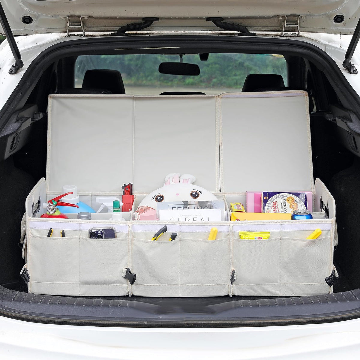 AOKJOY Car Trunk Organizer with Lid Storage Collapsible Multi Compartment Adjustable Straps for SUV, Truck, Sedan(Beige) XL