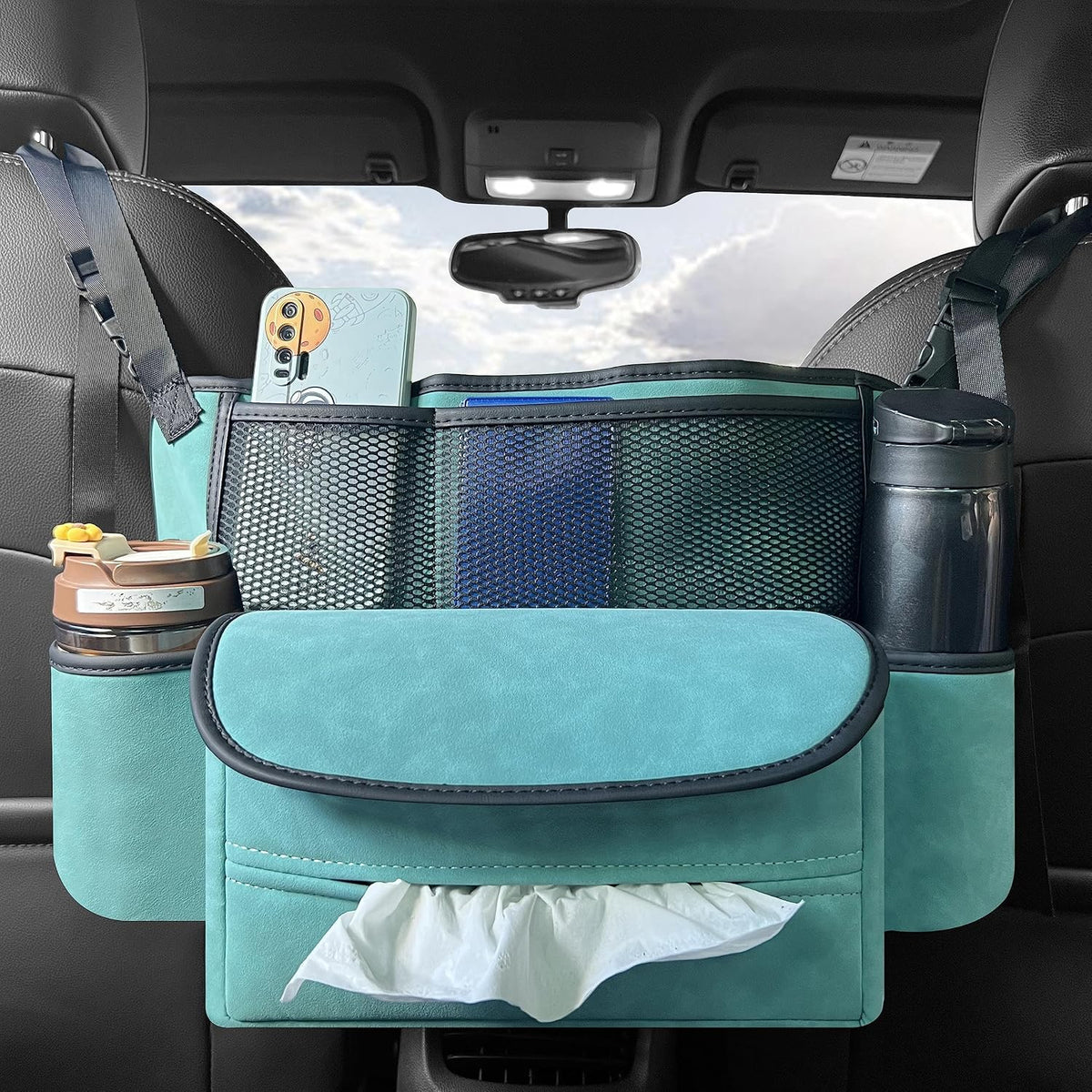 JEYODA Car Suede Seat Organizer High-capacity Seat Back Pouch Central Storage for Pickup SUVs Double-sided Tissue Storage Handbag Holder Car Accessories (Grey)