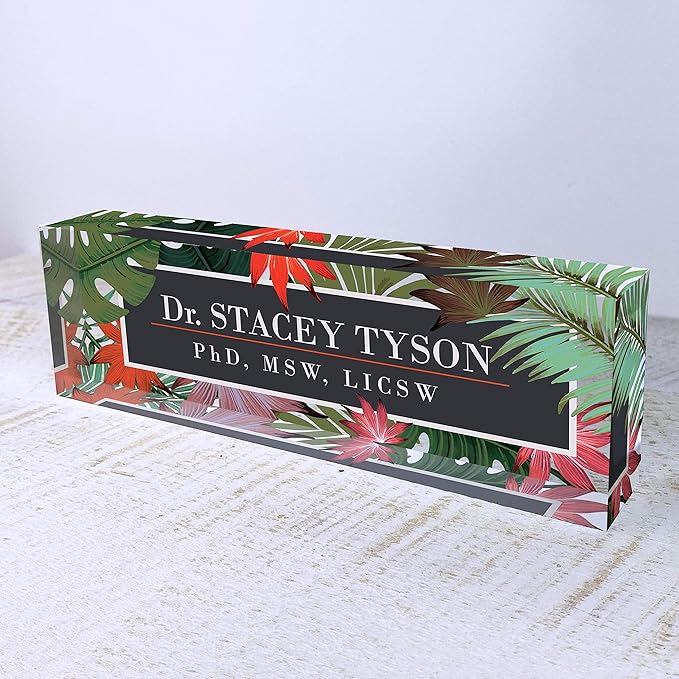 Artblox Personalized Name Plate for Desk | Leaf Flowers Design On Clear Acrylic Glass | Custom Desk Name Plate Personalized with Your Name and Credentials for Teacher Phd Military Office Name Plate