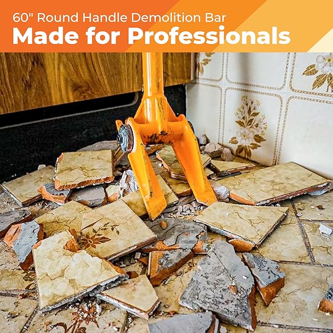60” Demolition Pry Bar & Crowbar – Round Handle Wrecking Bar for Ceiling & Wall Demo – Heavy Duty Nail Puller Tool for Contractors, Firefighters & Home Renovations