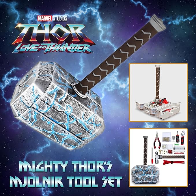Marvel Mighty Thor's Hammer Mjolnir 91-Piece Tool Set, All-In-One Kit | Gadgets Include Screwdrivers, Wrench, Hammer, Pliers, Hook Sets, and More