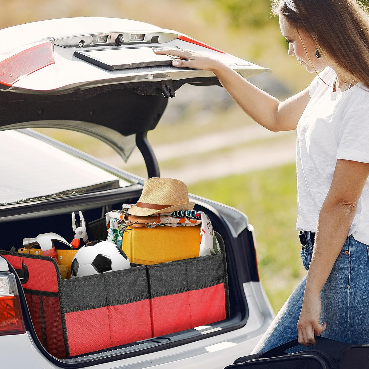 YSSOA 2 Compartments Car Trunk Organizer, 600D Waterproof Oxford Polyester Car Storage, Anti-slip 14" D x 22" W x 12" H Collapsible Trunk Storage, Suitable for SUV, Minivan, Truck, Red