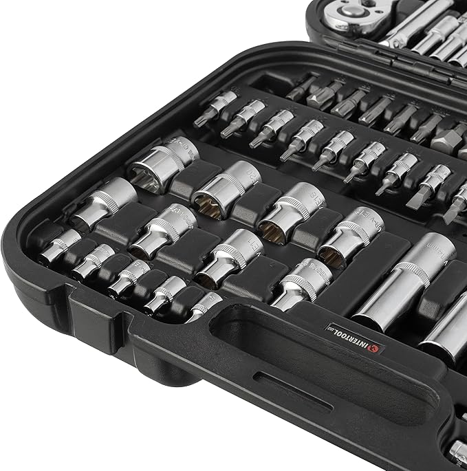 INTERTOOL Metric Socket Set 1/4” & 1/2” Drive 111-Piece 4-32 mm - 3pc Impact Sockets Cr-Mo - Quick Release Ratchets, Extensions, Adapters, Bits, Screwdriver, Hard Case - Tool Gift - ET08-8111