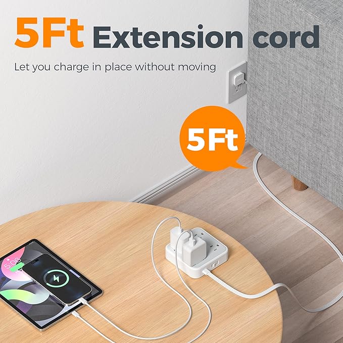 TESSAN Surge Protector Flat Extension Cord 5Ft, Flat Plug Power Strip with 4 Outlets, 900 Joules Protection, Multiple Wall Outlet Extender Suitable for Home Office Dorm, Grey