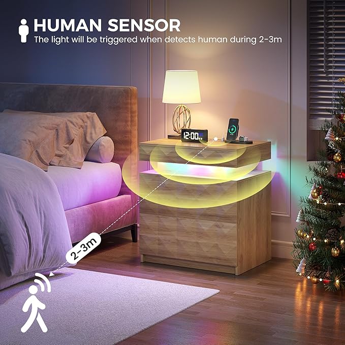 LED Nightstand with Charging Station,3 Drawers Night Stand with Lockable Hidden Storage,Smart Bedside Table with Human Sensor RGB Lights for Bedroom,Wood