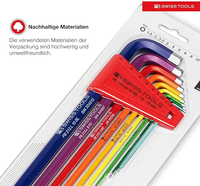 PB SWISS TOOLS Rainbow Hex Key Set PB 212.LH-10 RB CN | 100% Swiss Made | 9-Piece Allen Wrench Set Color Coded by Size 1.5-10mm with Ball End