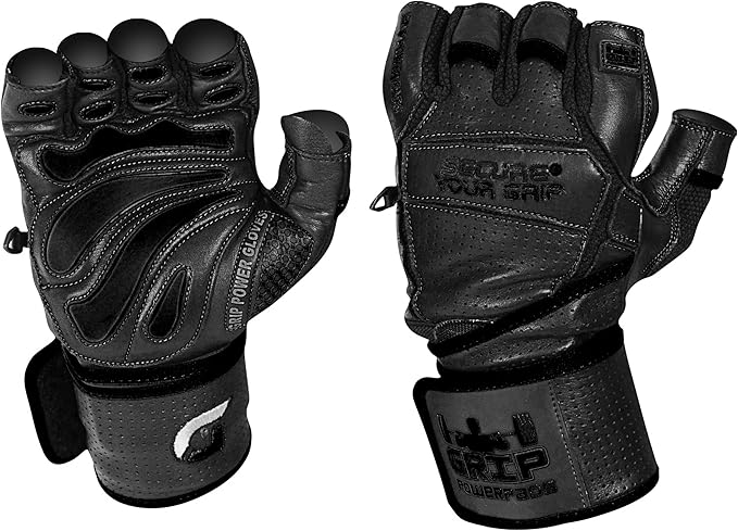 Elite Leather Gym Gloves with Built in 2" Wide Wrist Wraps Grip & Design for Weightlifting Power Lifting Bodybuilding & Strength Training Workout Exercises