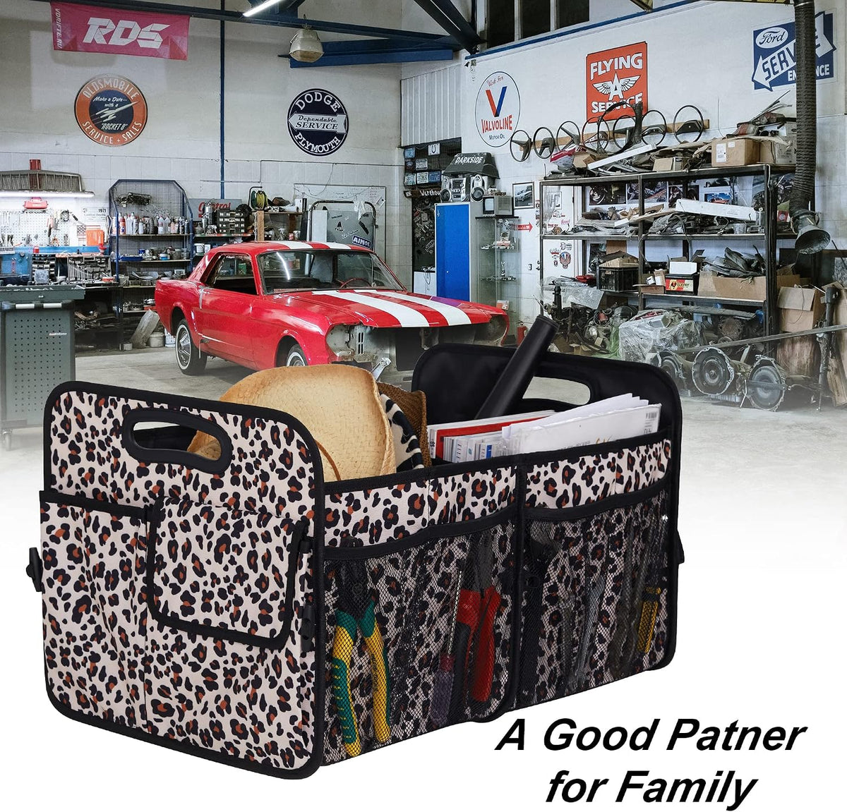 Femuar Car Trunk Organizer, Large Capacity Collapsible Trunk Storage with 11 Pockets, Waterproof, Non-Slip, Suitable for Car, SUV, Truck, Van, Jeep, Sedan, Leopard Print