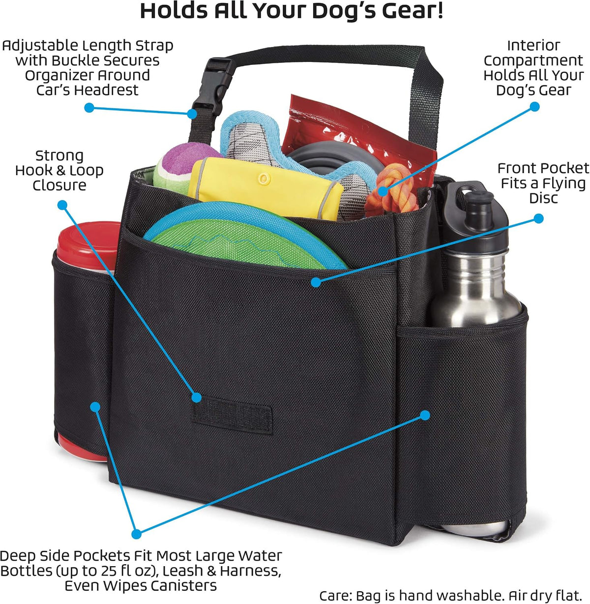 Mobile Dog Gear, Car Seat Back Organizer Travel Bag, Includes Built-in Waste Bag Dispenser and 1 Bag Roll, Black, Meets Airline Requirements
