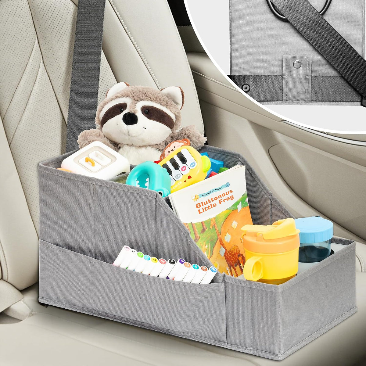 CROS 2 Pack Car Seat Organizer with Metal-Reinforced Cup Holders, 12 Storage Compartments Backseat Car Organizer, Travel Essentials for Kids Toys & Snacks, Non-Slip Seat Storage for SUV, Truck, Gray