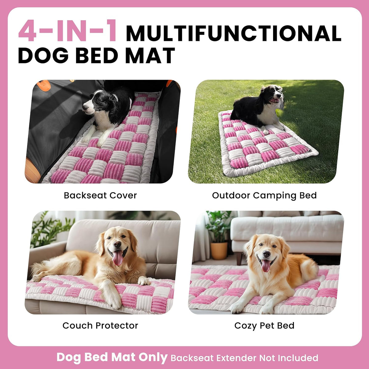 HiPetpy Backseat Dog Bed Mat, Non-Slip Dog Bed for Car Back Seat, Soft & Cozy Dogs Blanket, Washable Travel Pet Mat Seat Protector for Cars, SUVs, Trucks (Pink/White, 51.1" L x 23.6" W x 1.5" Th)