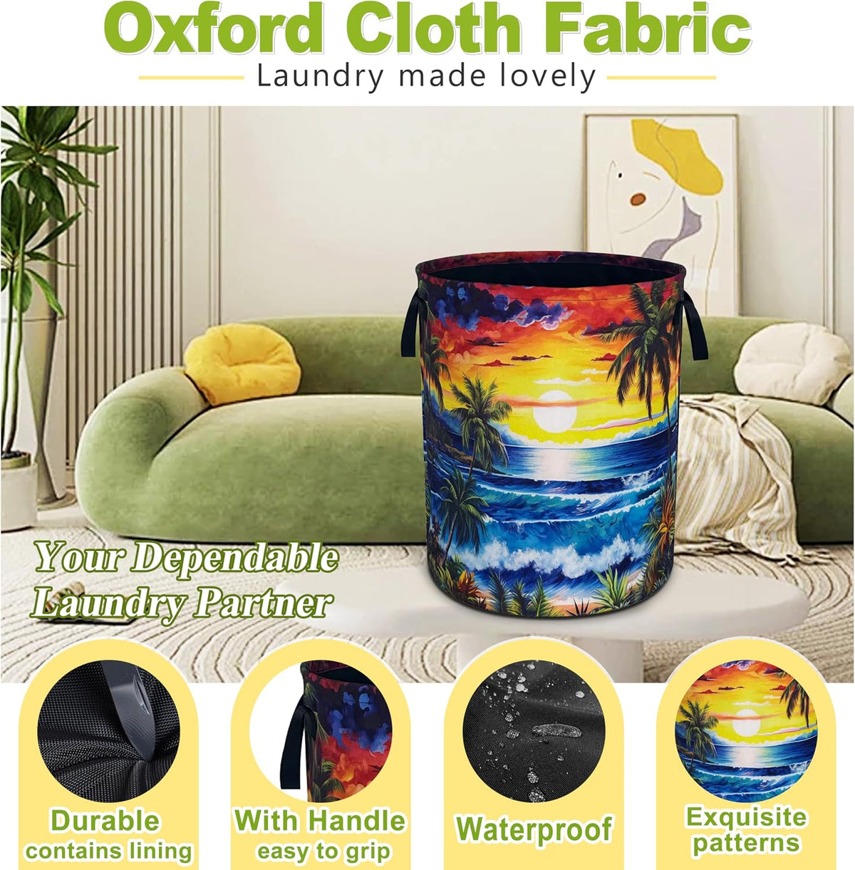 Hawaii Sunset Ocean Waves Laundry Basket Foldable Waterproof 18.9x16.5 Inch