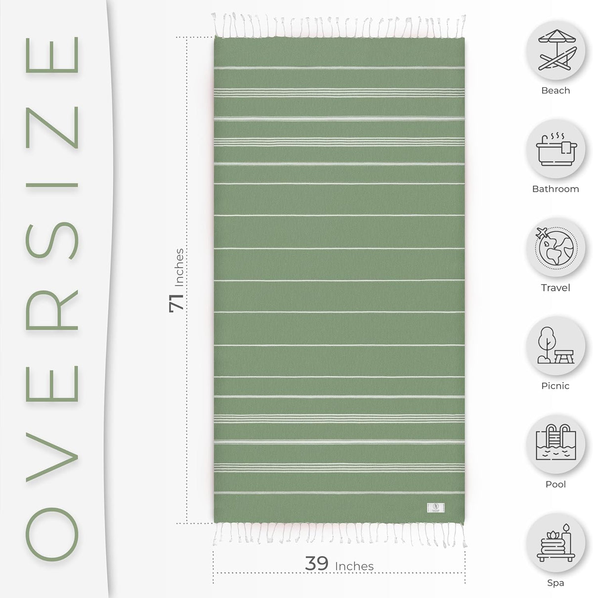 Ossano Turkish Beach Towel - Absorbent & Quick-Dry Oversized (39" x 71") | Versatile Yoga Mat, Picnic, Travel & Bath Towel - Green