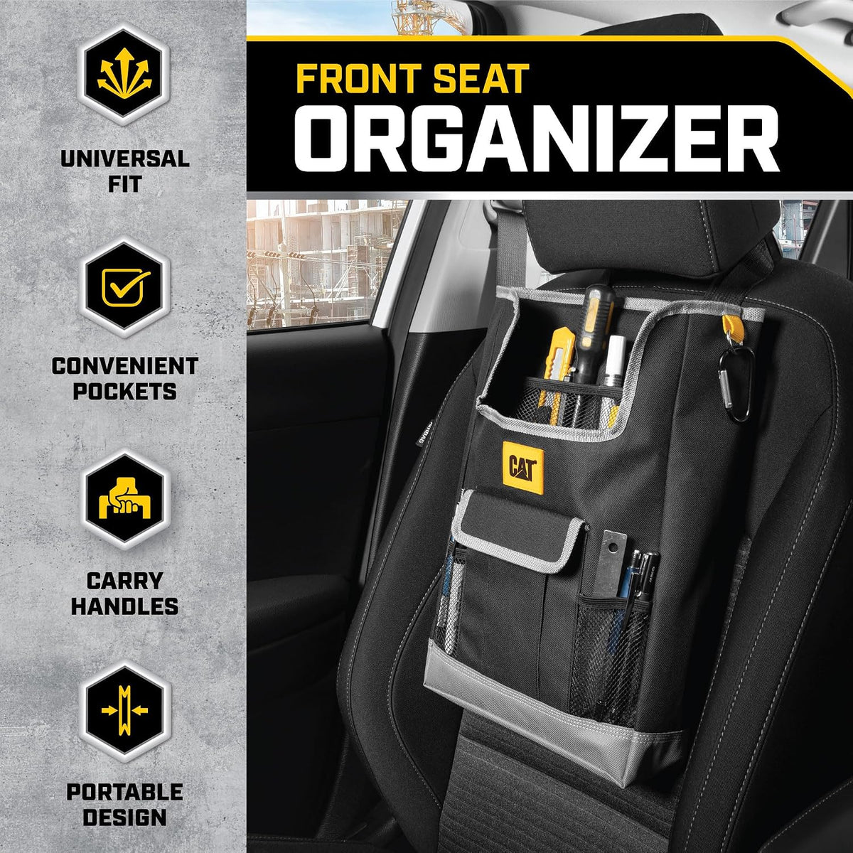 CAT® Car Seat Organizer & Trash Can Cooler Bundle – Portable Seat Caddy with Adjustable Straps + 2.4 Gallon Leak-Proof Hanging Trash Bin with Waterproof Liner, Car Accessories for Cars Trucks SUVs