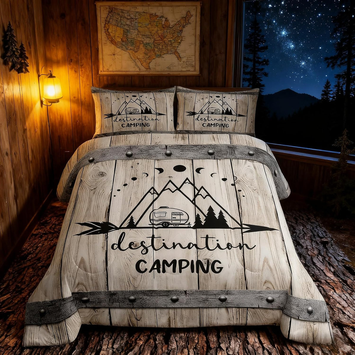 Happy Camping Car Comforter Set Twin Size,RV Camper Trailer Decor Bedding Set 2pcs for Kids Boys Girls Adults,Vintage Wooden Plank Cabin Down Comforter,Rustic Farmhouse Duvet Insert,1 Pillowcase
