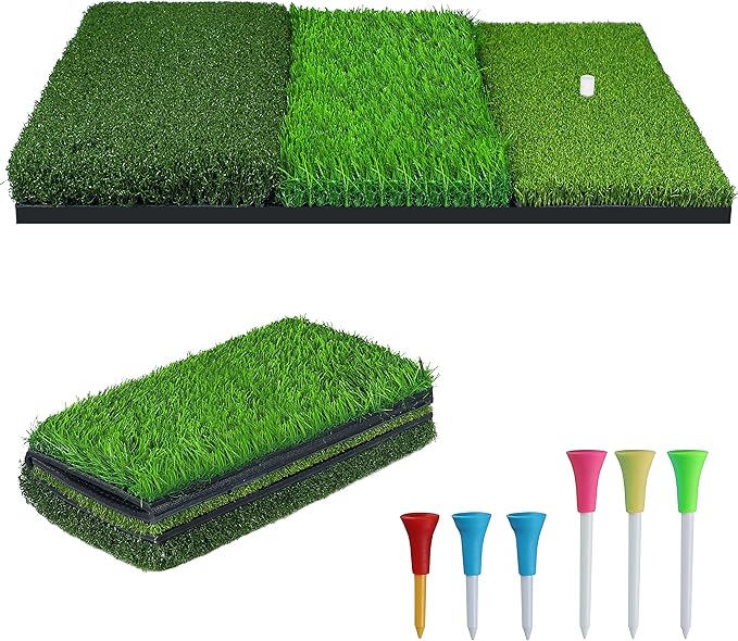 NEWCARE Golf Hitting Mat, 3-in-1 Foldable Golf Mat Indoor Outdoor, Tri-Turf Golf Practice Mat Traint Aid Batting for Chipping Swing Detection Portable Personal Driving Range for Backyard