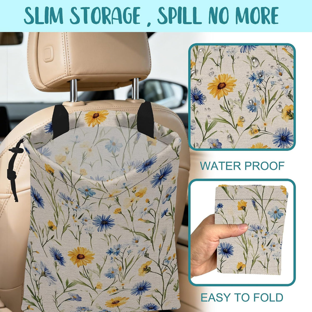 Car Garbage Bag Abstract Blue and Yellow Flowers Hanging Canvas Car Trash Bag Drawstring Car Back Seat Organizer for Car Back Front Seat Console with Adjustable Buckle