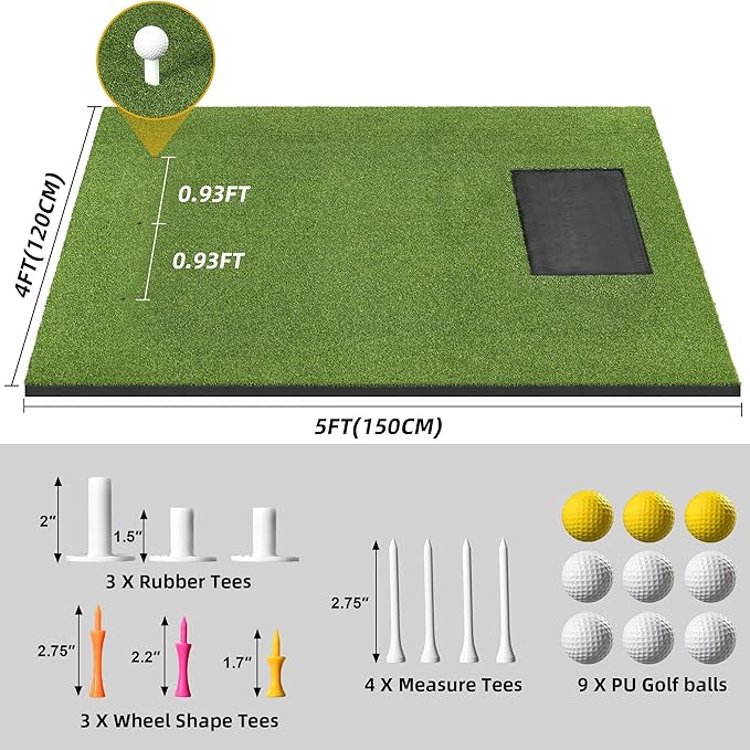 5x4ft Golf Hitting Mat, Thickened 21mm/31mm/36mm Artificial Turf Golf Practice Mats for Indoor Outdoor Backyard Driving Swing Training with 9 PU Balls, 3 Rubber Tees, 7 Tees