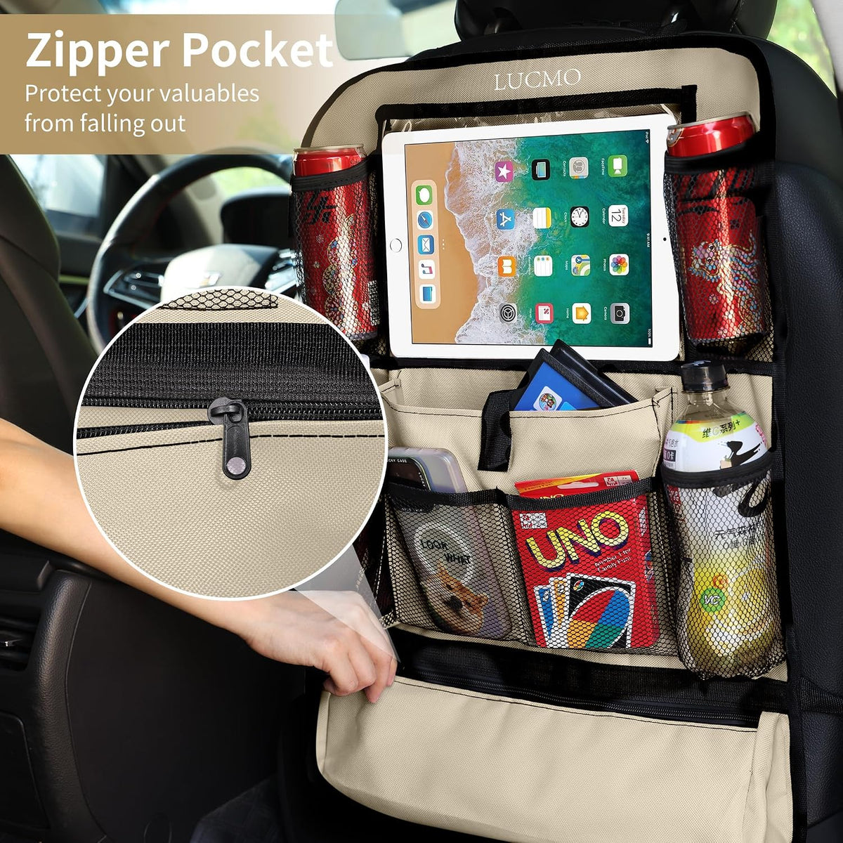 LUCMO Car Backseat Organizer with Touch Screen Tablet Holder, Beige | 2 Pcs,9 Storage Pockets,Clear Tablet Holder,Protectors Kick Mats,Travel Accessories,Seat Cover,Road Trip Essentials